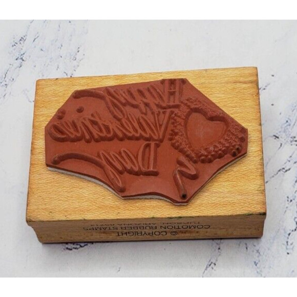 Happy Valentine’s Day Heart Balloon Comotion Wood Mounted Vintage Rubber Stamp - Picture 8 of 8